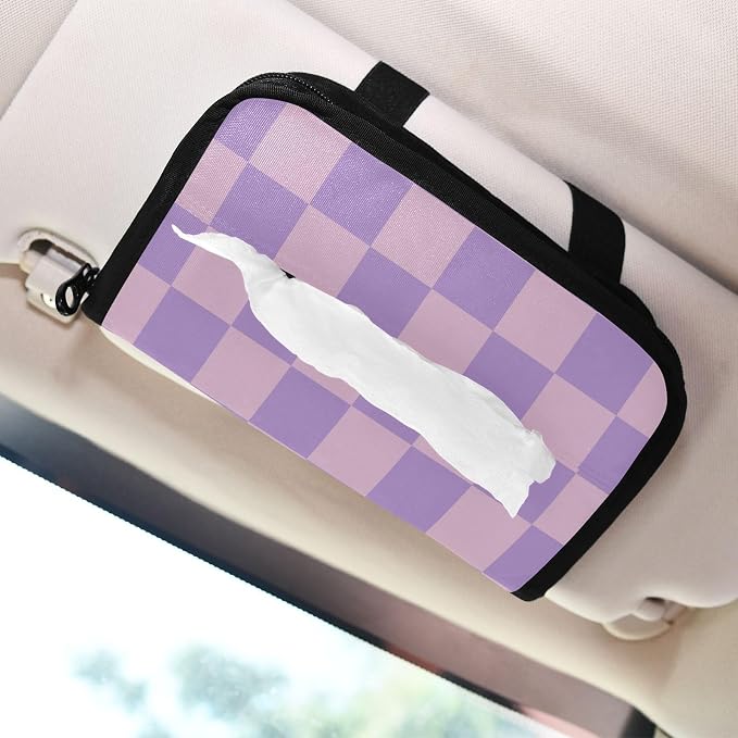 Car Tissue Holder Car Napkin Holder Tissue Box Dispenser Storage Case Sun Visor Mask Holder with Adjustable Straps Reusable Refillable Checkered Purple