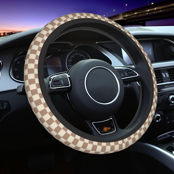 Khaki Checkered Steering Wheel Cover - Khaki Checkered Racing Flag Brown Steering Wheel Cover Anti-Slip Breathable for 15 in Universal 2 Pcs Car Interior Cup Holder Pad for Men Women