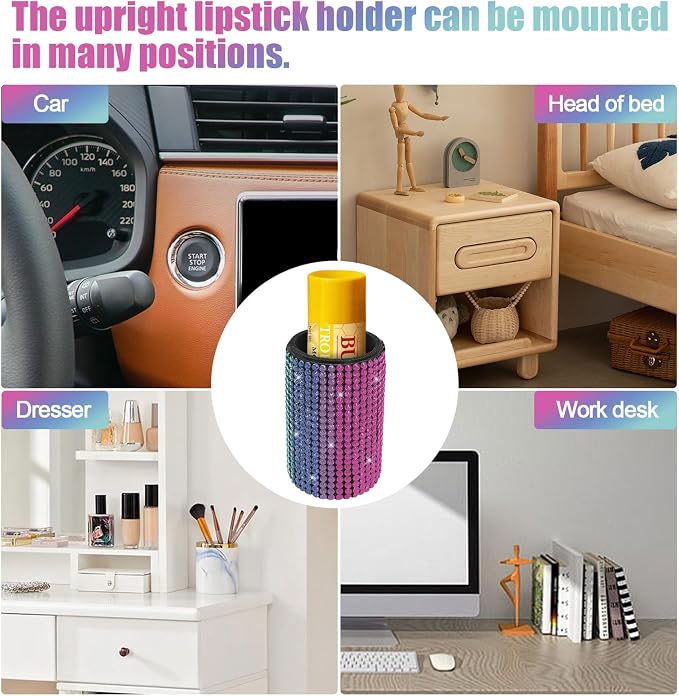 Upright Car Chapstick Holder, Bling Insulating Lip Balm Holder,Rhinestone Car Accessories for Women Interior ,Suitable for Most Vehicles. (Rainbow)