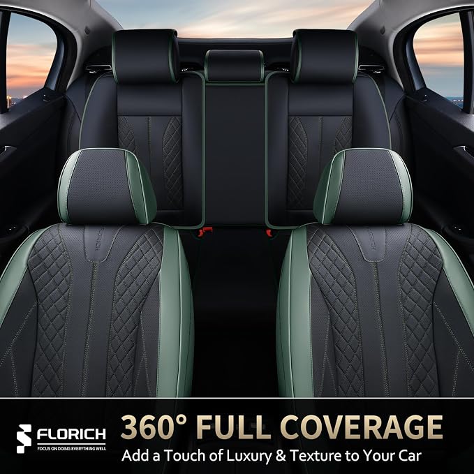 FLORICH Leather Seat Covers Full Set Automotive Car Seat Cover Front and Back Waterproof Auto Seat Covers Full Coverage Car Seat Protector Cushion Universal Fit for Most Cars SUV Trucks, Black&Green