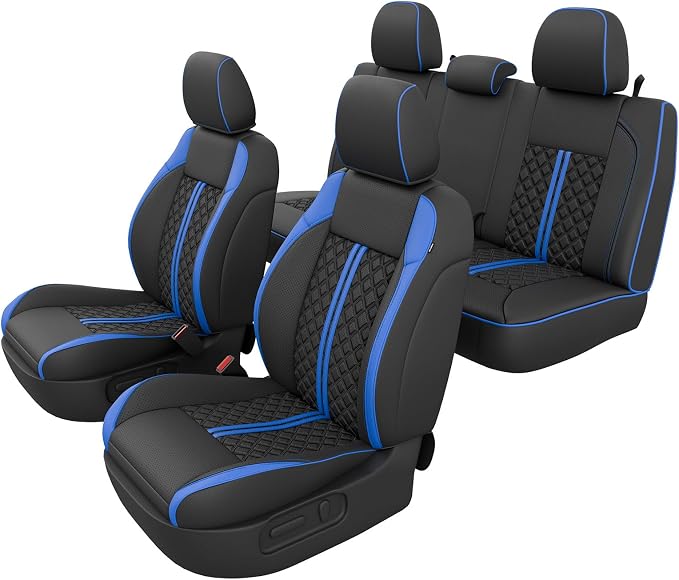 Custom Seat Covers for Tacoma 2016-2023 3rd Gen Double Cab SR5/TRD Off-Road/SR/TRD Sport/TRD PRO Full Set with Console Covers, Waterproof Leather Back and Front Seat Protectors Black Blue