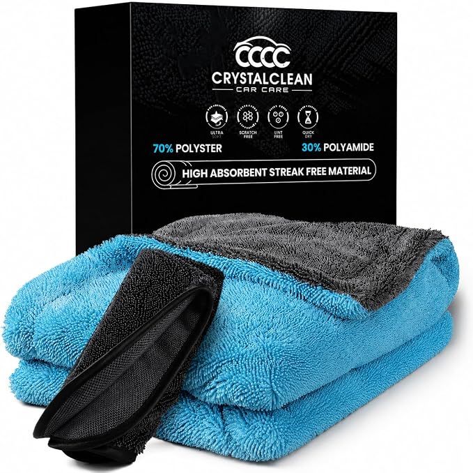 Crystal Clean 1300GSM Microfiber Towels for Cars – XL Drying Towel with Double Twisted Loop, Professional Detailing Towel Car Detailers - Quick Dry, Paint Safe & Swirl-Free (Grey+Blue)