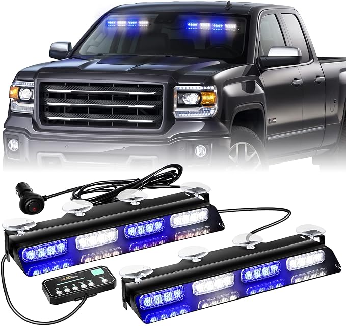 XRIDONSEN 2x 14 inch Blue White Emergency Dash Lights 32 LED Strobe Lights | Interior Safety Flashing Warning Hazard Caution Front/Rear Windshield Light Bar w/ Controller for Vehicles Trucks Car