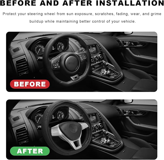 Sun Walker Steering Wheel Cover, Breathable Leather Steering Wheel Covers with Perforated Sides, Anti-Slip Comfortable Grip Auto Sleeve for 14.5-15 Inch Wheels, Car Accessories (Black)