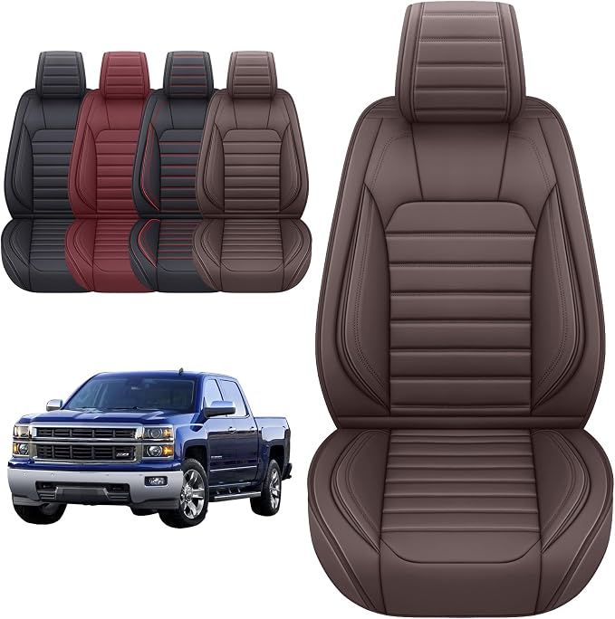 YIERTAI Seat Covers Compatible with Silverado Sierra for 2007-2024 2025 2026 1500/2500/3500 Crew Double Extended Cab Trucks Waterproof Leather Covers Protectors(2 PCS Front only/Brown)
