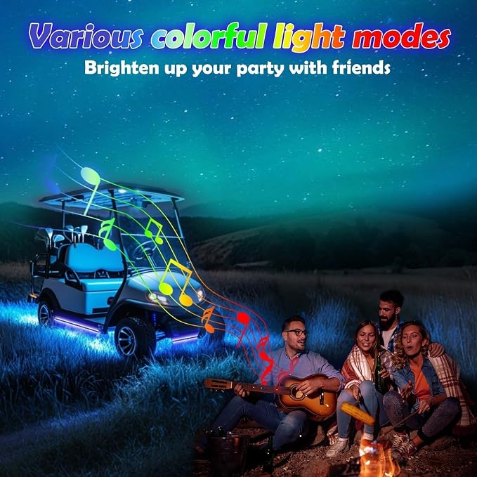 Universal Golf Cart Underbody Light Kit 4PCS, 12V-80V Underglow LED Strip with Bluetooth APP Control,Multicolor RGB,Music Sync Modes,IP68 Waterproof for EZGO Club Car Yamaha(Included Voltage Reducer)