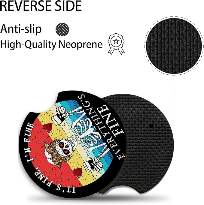 Funny Skull with Coffee Cup Holders Car Coasters Set for Women/Men,Absorbent Cup Car Holders, 2 Pack Universal Neoprene Coasters with A Finger Notch