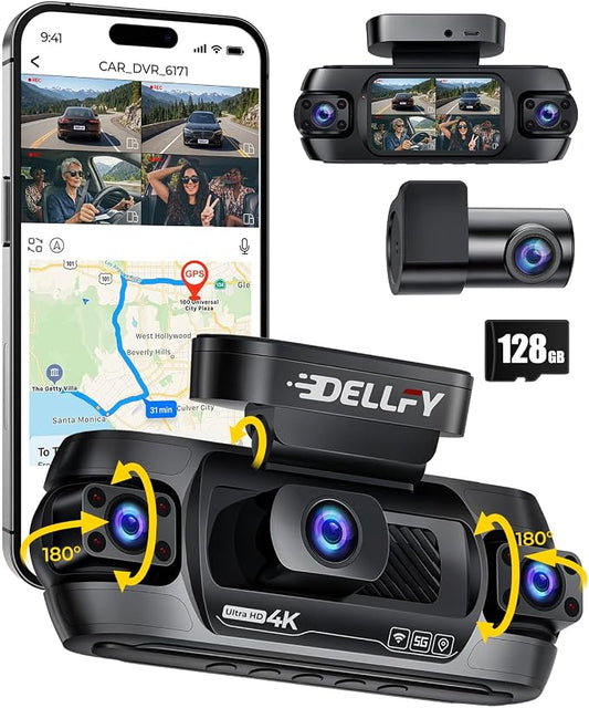 4 Channel Dash Cam, 4K Front Rear and Inside Dash Camera for Cars, 360° View, Free 128GB Card Included, 5GHz WiFi, GPS, APP Control, 24/7 Parking Mode, 8 IR Night Vision Lights, G-Sensor