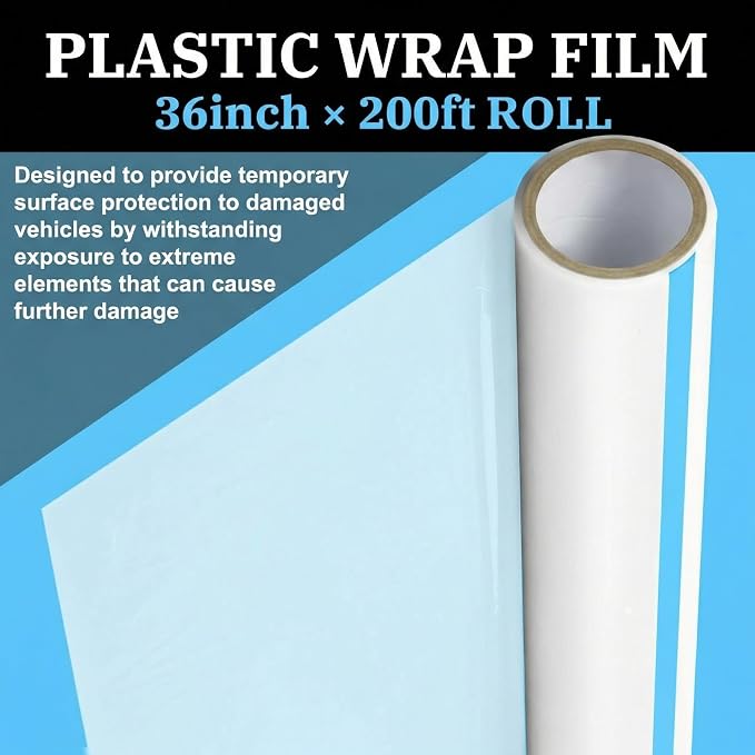 Maitys 2 Rolls Crash Plastic Wrap Film 36 Inch x 200 ft Clear Plastic Protector for Car Windows Damaged Vehicles Self-Adhesive Crash Clear Wrap for Auto Collision Dust Protection Broken Windows