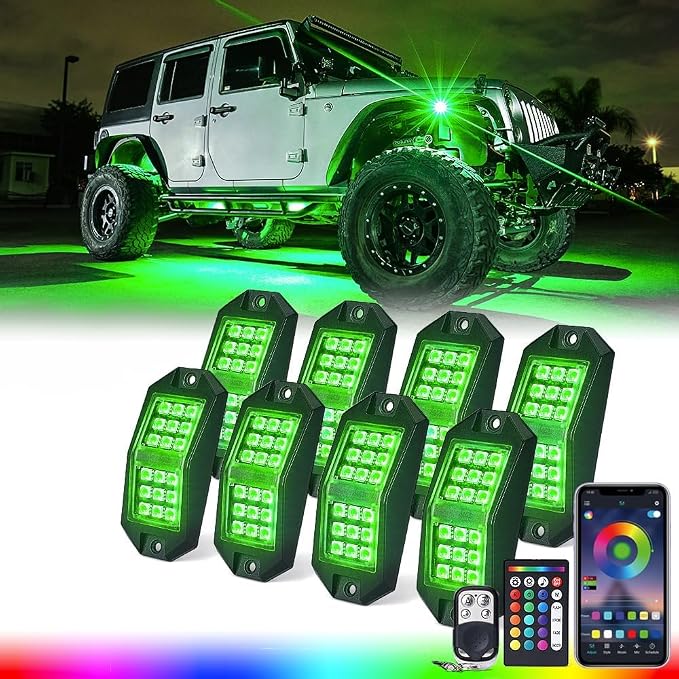 Xprite 8 Pods Rock Lights Wide Angle Bluetooth Rocklights, Multicolor Neon Lighting Footwell Underglow Kits w/Wireless Remote Compatible with Jeep UTV ATV SUV RZR Off-Road Trucks Cars Boats