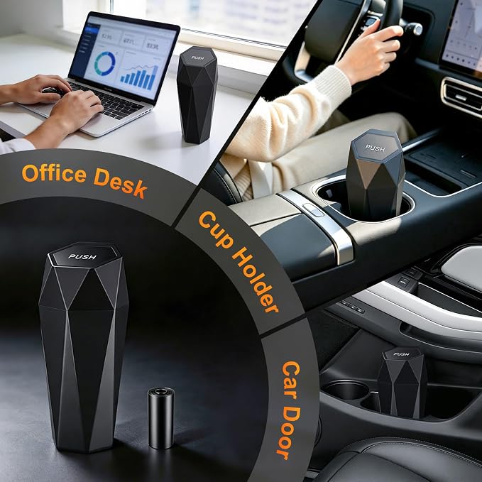 JUSTTOP Car Trash Can with Lid, Diamond Design Small Automatic Portable Trash Can with 1 Trash Bag, Easy to Clean, Used in Car Home Office (Black)