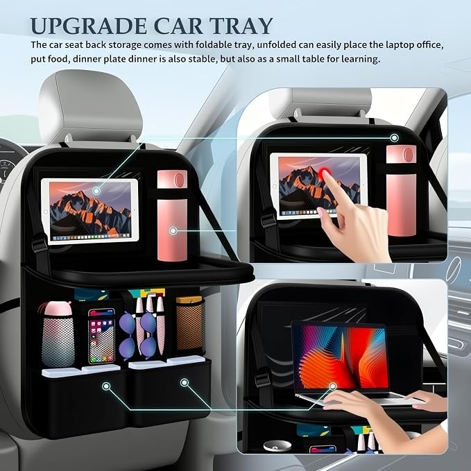 Backseat Car Organizer,Foldable Back Seat Car Organizer with Cars Tray & Cup Holder,Multifunctional Back of Seat Cars Organizers as Rear Seats Organizers for Most Vehicles