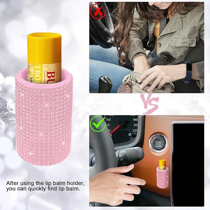 Upright Car Chapstick Holder, Bling Insulating Lip Balm Holder,Rhinestone Car Accessories for Women Interior ,Suitable for Most Vehicles. (Pink)