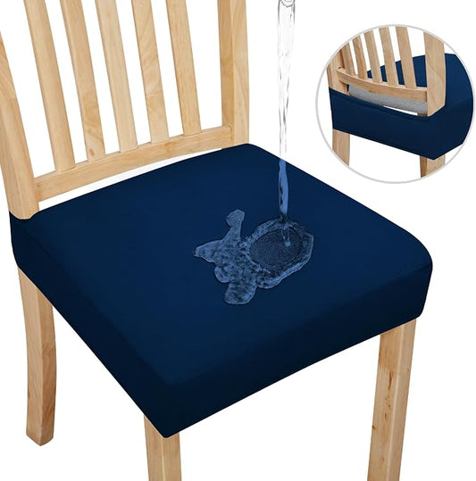 Easy-Going 100% Waterproof Seat Covers for Dining Room Chairs Set of 2, Stretch Chair Seat Slipcovers Protector Removable and Washable Kitchen Dining Chair Covers, Navy