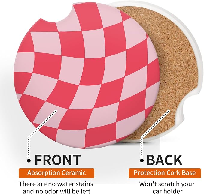 hot Pink Checkerd Car Coasters for Cup Holder Absorbent Ceramic Cup Coaster 2 Pack Anti Slip Car Interior Accessories with Finger Notch Cork Base for Women Men 2.56"