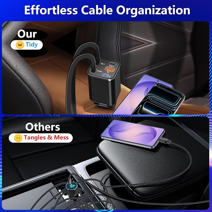 [Apple MFi Certified] Retractable Car Charger, Linocell 120W USB C Car Charger Car Accessories Adapter 4 in 1 PD/QC Type C Fast Charge Car Phone Charger for iPhone 17/17 Pro/16/15/Galaxy S26/S25/Pixel