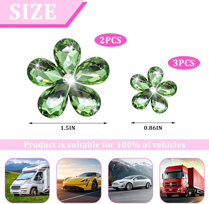 Zpana Bling Daisy Flower Car Air Vent Clips, 5PCS Sparkling Crystal Rhinestone Cute Vehicle Air Conditioning Clamp, Diamond Auto Air Outlet Clip Decor for Women Girls, Universal Fit (Green)