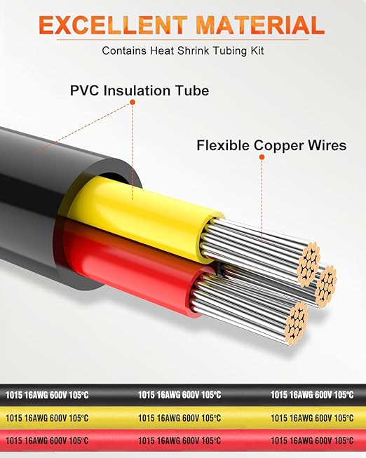 NAOEVO 16 Gauge Wire 3 Conductor Electrical Wire, 16 AWG Stranded PVC Cord, 12V Low Voltage/Tinned Copper/Flexible Cable for Automotive Wiring, Lamp Cord, Marine Cable (100FT)
