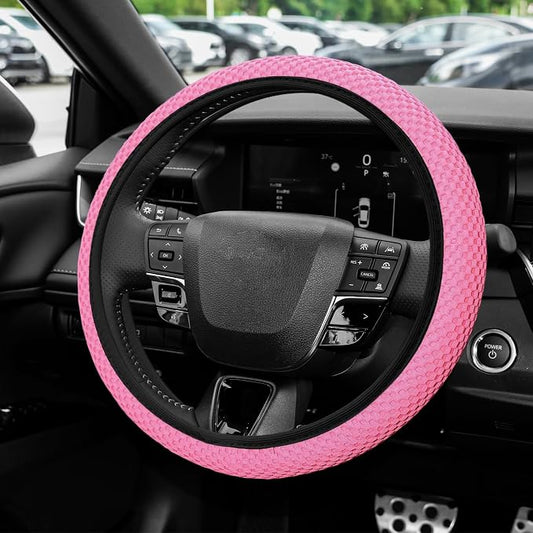 Elastic Stretch Steering Wheel Cover, Steering Wheel Protector, 15 Inch Anti-Slip Breathable Microfiber Ice Silk Protection, Easy Carry, Warm in Winter & Cool in Summer for Cars (Pink)