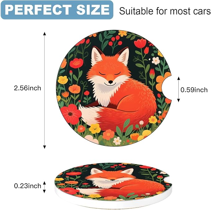 Car Cup Holder Coaster Set of 2, 2.56 in Ceramic Coasters, Scratch-Resistant Cork Backing, Finger Groove Design for Easy Placement, Cute Car Accessories Interior for Women (Red Fox)