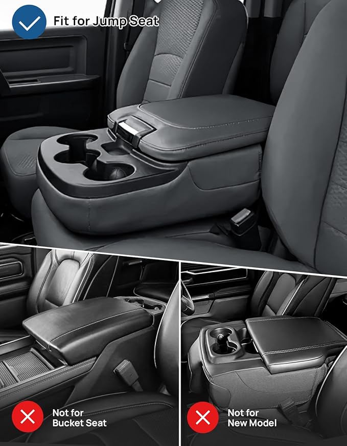 JOYTUTUS Center Console Cover Compatible with 2013-2018 Ram 1500 & 2013-2026 Ram 2500/3500/1500 Classic Model Jump Seat, Leather Arm Rest Armrest Cover for Car, Middle Console Cover Lid, with 2 Pocket