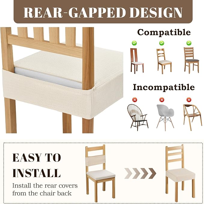 Songrey Waterproof Chair Covers for Dining Chairs, Set of 6, Beige | No Rear Seat Covers for Dining Room , Chair Protector Slipcover, Stretch Removable Washable