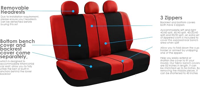 FH Group Universal Car Seat Covers Full Set for SUV Truck Sedan Vans | Waterproof All-Purpose Cloth Seat Cover Set Airbag Compatible Washable Split Bench Protector Interior Upgrade - Red