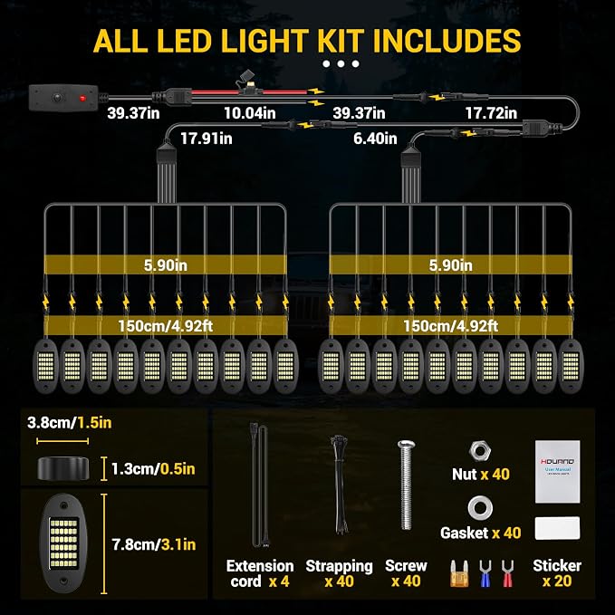Hovano 20 Pods White Rock Light Kit with Wired Switch - 6500K Pure White LED Underglow, IP68 Waterproof, Super Bright 36 LEDs for Trailer Off Road SUV UTV ATV RZR Car