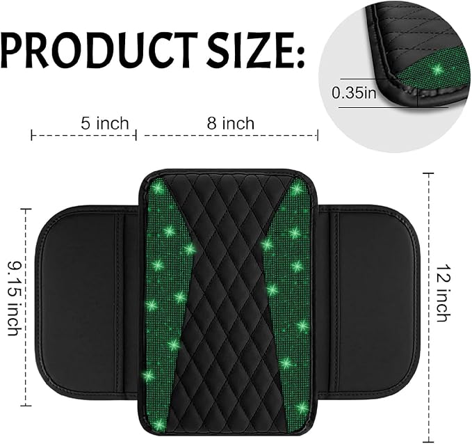 NBTEPEM Bling Car Center Console Cover, Leather Middle Console Cover with 2 Storage Bags, Universal Arm Rest Cover Protector, Bling Car Accessories Interior Fit for Most Vehicles, Green Diamond