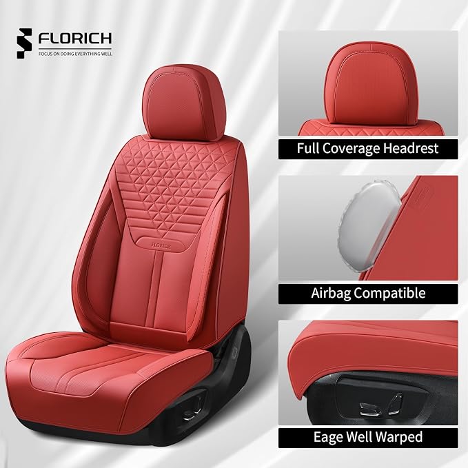 FLORICH Seat Covers, Car Seat Covers Full Set, Luxury Nappa Leather Seat Covers, Breathable and Waterproof Car Seat Protector 5 Seat, Automotive Seat Covers Universal Fit for Most Cars-Red