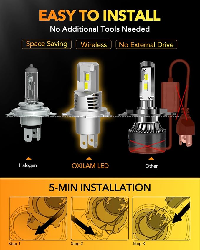 OXILAM H4 9003 HB2 LED Bulbs, 1000% Brighter Hi/Low Beam, 6500K Cool White, Quick Install with Cooling Fan, 70000Hrs, Pack of 2
