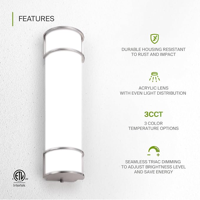 ASD LED 24" Vanity Flush Mount Light Fixture, Linear Bathroom Lighting Bar | 3CCT, Dimmable, ETL Listed | 25W 2600LM 3000-5000K 100-277V | Long Tube Bath Wall Sconce Over Mirror | Nickel, 4 Pack