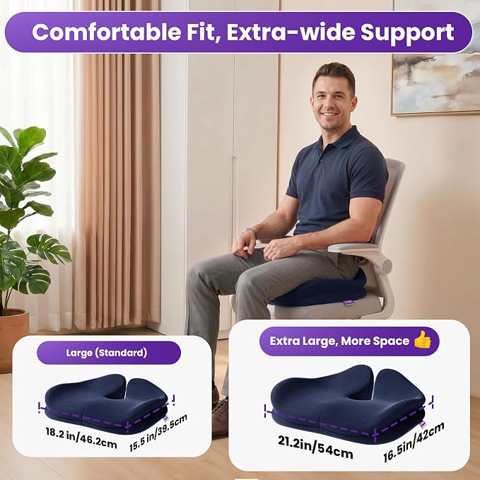 ZZ-WELL Seat Cushions for Office Chairs, Coccyx Cushion for Tailbone Pain, Memory Foam Butt Pillows for Computer Gaming Chair, Patented Pressure Relief Design Chair Cushion (Navy Blue, XX-Large)