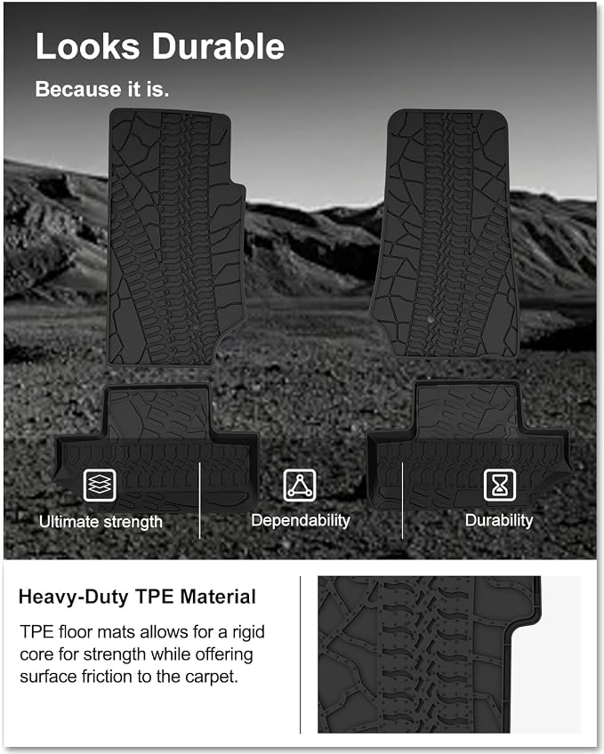 Kiwi Master Floor Mats for 2007-2013 Jeep Wrangler JK 2-Door | Custom Fit All Weather Car Mats, Heavy Duty TPE Floor Liners, Front & Rear 2 Row Set, Black