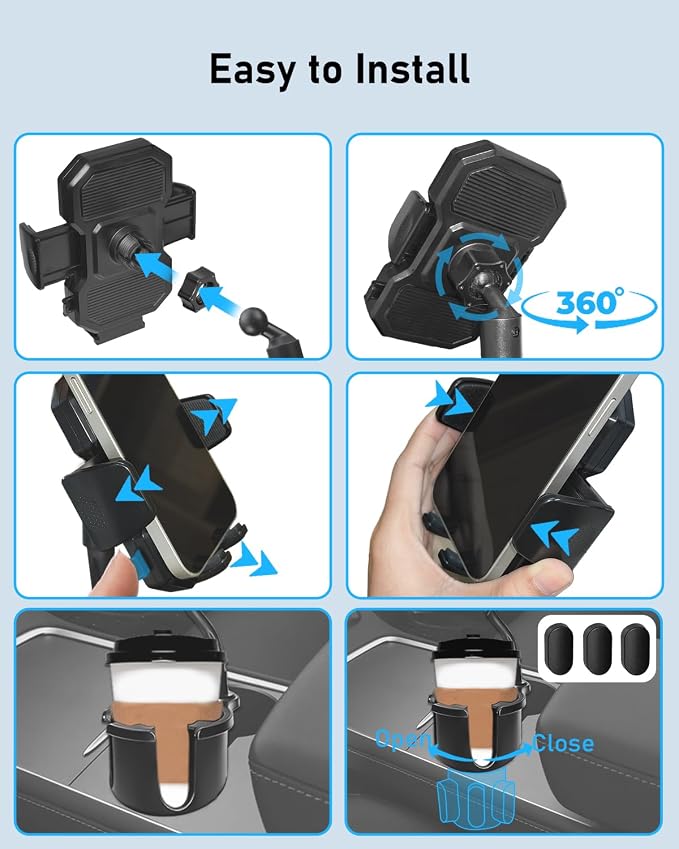 Belinous Car Cup Holder Expander with Phone Holder | 2 in 1 Car Phone Mount & Cup Holder, Adjustable 360° Rotation Gooseneck, U-shaped Handle Slot, Fits Phone and Drinking Bottle