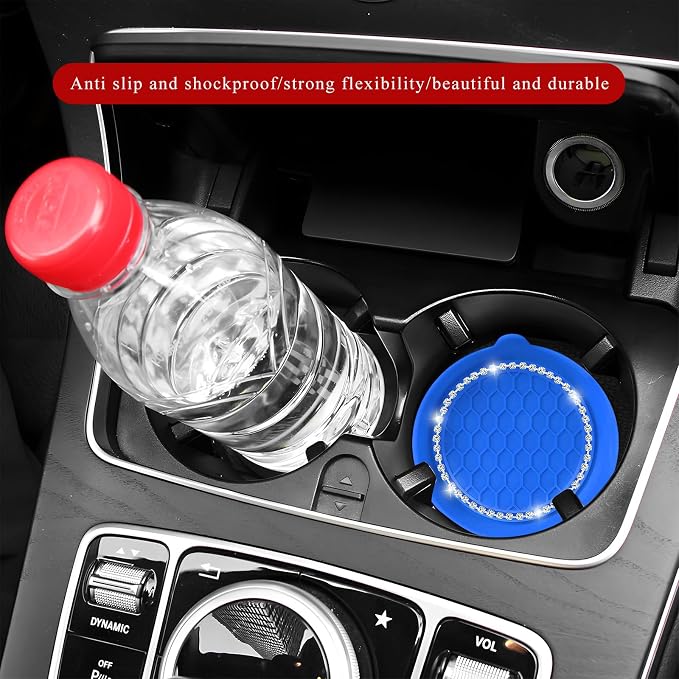 Sun Walker 4 PCS Bling Car Cup Holder Coaster, Non Slip Sparkly Rhinestone Cup Holder Pad Insert Coaster, Shockproof Silicone Shiny Embedded Drink Mat Interior Decor for Most Vehicles (Blue)