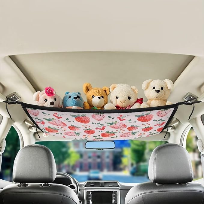 Dreaweet Strawberry Car Ceiling Cargo Net Pocket 31" x 24" Pink Double-Layer SUV Roof Organizer Ceiling Storage Net,Car Camping Cargo Net for Car,SUV,Mini Van Truck Life Accessories