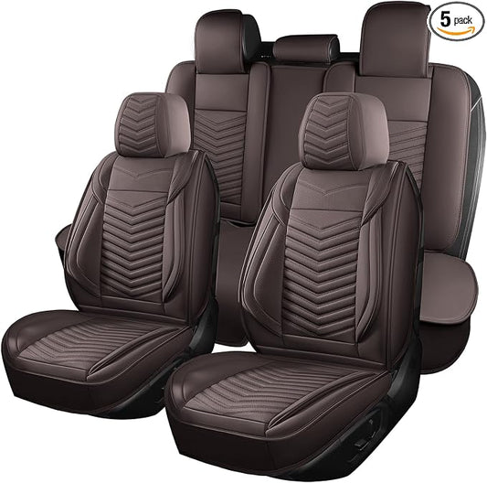 HChengkikz Nappa Leather Car Seat Covers Full Set, Brown Car seat Protector 5 Seats, Waterproof Car Seat Cushion, Universal Automotive Seat Covers Fit for SUV Truck Pick-up Sedan, Front and Rear | Easy Maintenance, Airbag Compatible, Universal Fit For ...