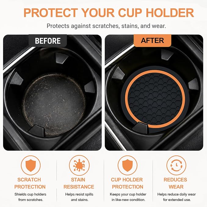 4PCS Car Cup Holder Coasters - 2.75 Inch Non-Slip Insert Water Bottle Holder Pads, Dustproof Automotive Interior Accessories Mat, Universal for Vehicles, Trucks, RVs (Orange)
