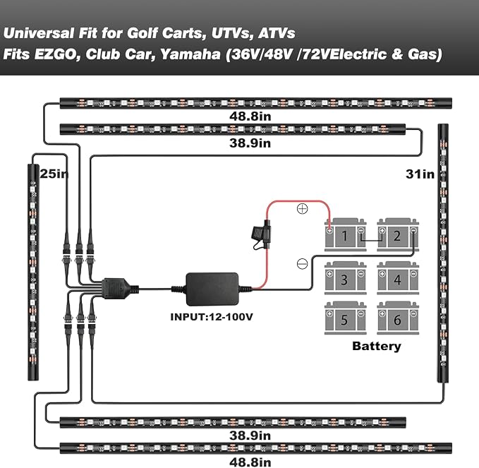 6PCS Golf Cart Underglow LED Light Kit with Built-in 12V-80V Reducer & Canopy Lights, APP & Remote Control, Sound Active Music Sync, IP67 Waterproof, Battery Drain Protect, for EZGO Yamaha Club Car