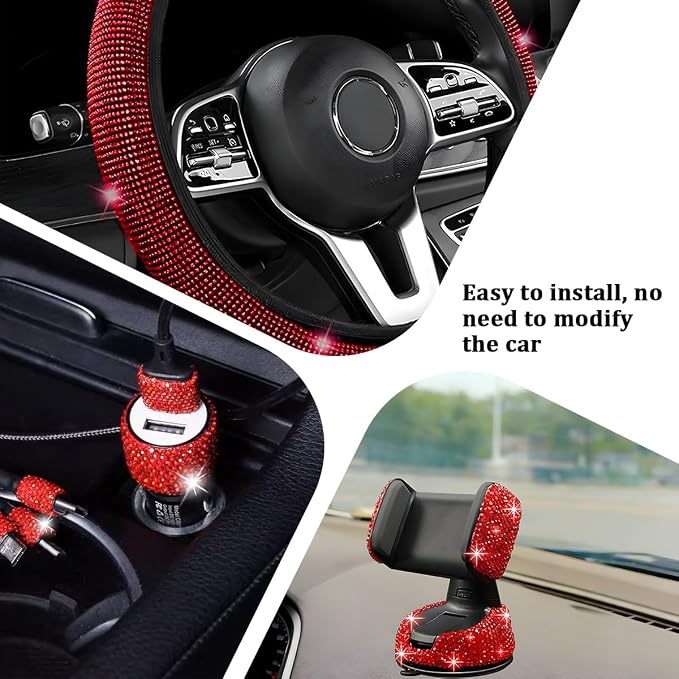 27PCS Bling Car Accessories Set for Women, 14.5-15" Crystal Rhinstone Steering Wheel Cover, License Plate Frame, USB Charger Phone Holder, Girly Auto Interior Decor Set, Universal Fit (Red)