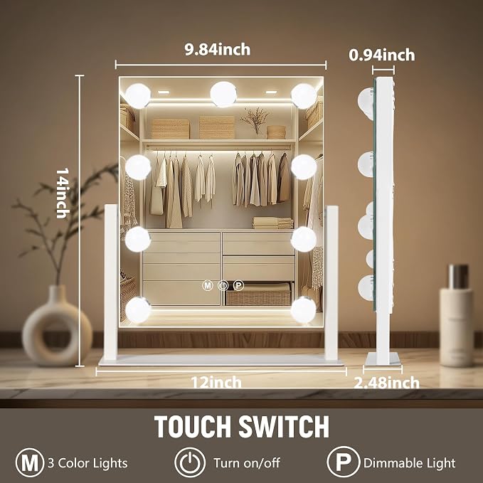 Ratsamee Rechargeable Hollywood Vanity Mirror with Lights, 14"×12" LED Makeup Mirror, Smart Touch Control, Makeup Mirror for Bedroom, Vanity Desk, Beauty Routine