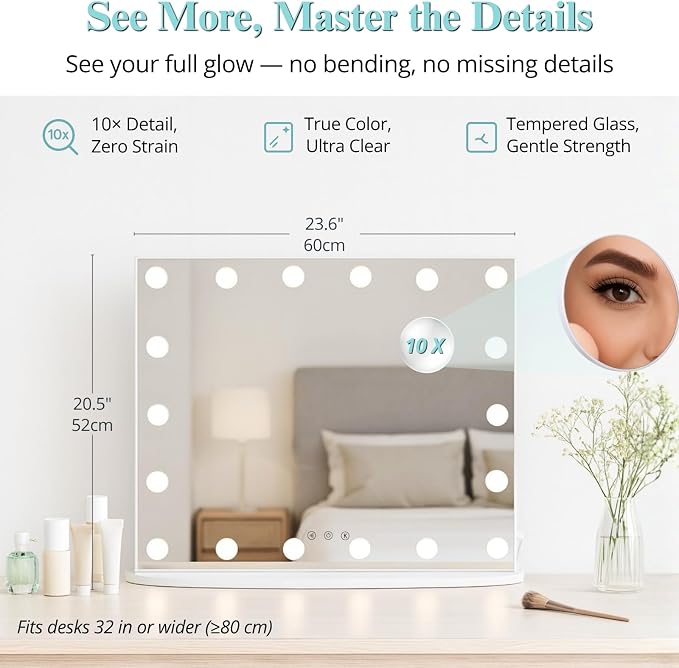 LUXFURNI Vanity Mirror with Lights, 23.6" Hollywood Makeup Mirror White | 18 Surround LED Bulbs, 360° Shadow-Free Lighting, 3 Color Modes, USB Charging, Tabletop & Wall Mount for Bedroom Dorm Desk