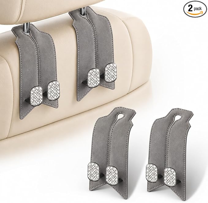 2Pcs Bling Car Headrest Hooks, Premium Leather & Sparkling Rhinestone Dual Metal Hooks, Back Seat Organizer for Bags, Coats, Purses and Groceries (Crystal Gray)