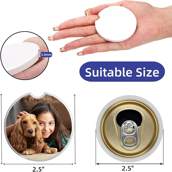 Eorbow 24 Packs Ceramic Sublimation Car Coasters, Car Blanks Cupholders with Finger Notch for Easy Removal, Absorbent Auto Cup Holders Keep Vehicle Free from Cold Drink Sweat Stain Spill