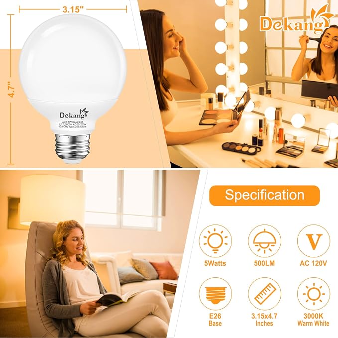 8 Pack E26 Base Bathroom Light Bulbs 3000K Soft White, G25 LED Globe Light Bulbs 60Watt Incandescent Equivalent, Round Light Bulb for Vanity Mirror, 5W, 500LM, Non-Dimmable