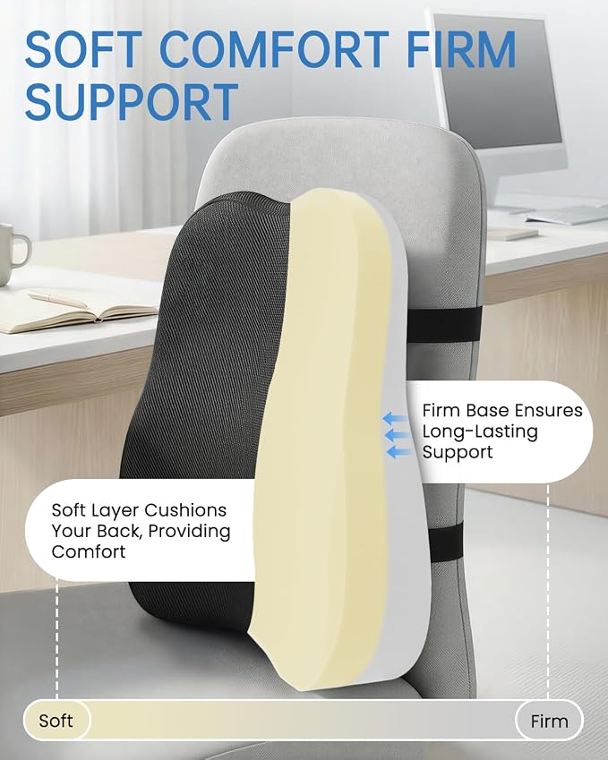 Vekkia Lumbar Support Pillow for Office Chair - Back Support for Car, Lumbar Cushion with Adjustable Straps & Mesh Cover, Lower Back Pain Relief for Office Workers, Drivers, Gamers & Travelers