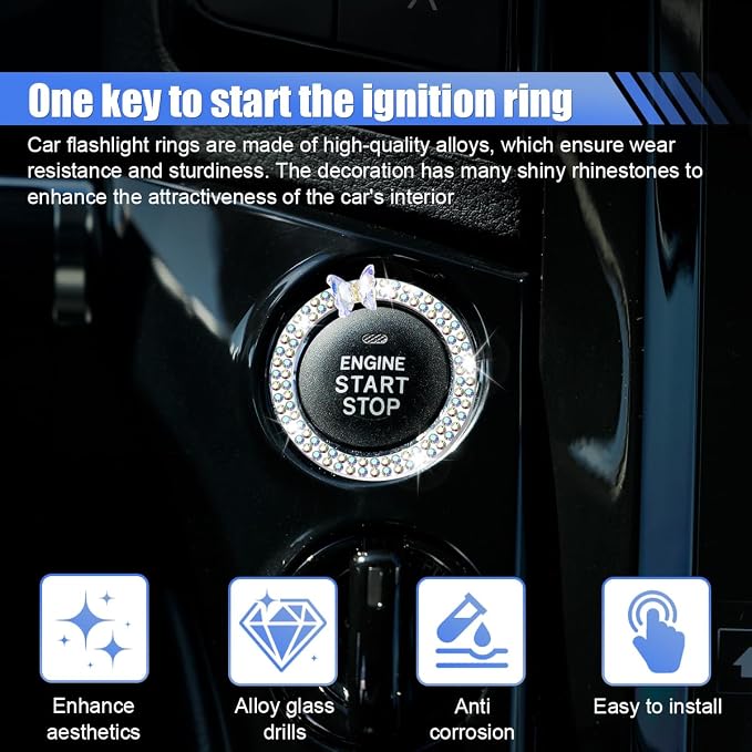 Bling Butterfly Car Engine Push Start Button Ring Sticker (Color) | Crystal Rhinestone Auto Key Ignition Knob Ring Emblem, Sparkling Auto Interior Decoration Accessories for Women