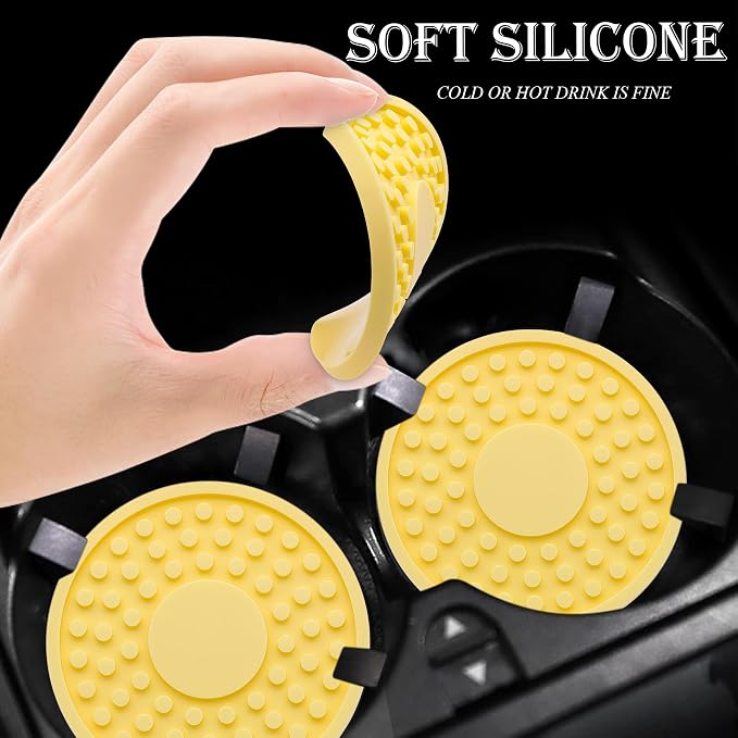 2 Pack Anti-Slip Car Cup Holder Mat – 2.75 Inch Silicone Drink Coaster, Secure Fit for Cars & Trucks – Cute Interior Decor for Women & Girls (Yellow)