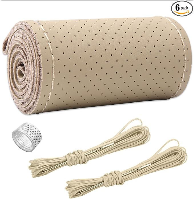 Ziciner Genuine Leather Steering Wheel Cover, Stitch on Wrap, Breathable Anti-Slip Car Steering Wheel Protector for Max Diameter 15 Inch, DIY Sewing with Needles Thread (Beige, Hole)